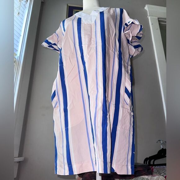 PEARL by Lela Rose Striped Ruffle Sleeve Pink Blue Designer Sheath Mini Dress S - Picture 6 of 12
